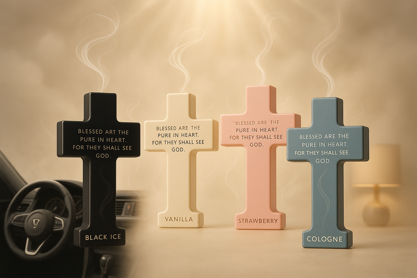 The Cross of Strength Collection is a powerful blend of faith, style, and fragrance. Each hanger is crafted in a sleek cross shape and infused with long-lasting scents like Black Ice, Vanilla, Strawberry, and Cologne. More than just air fresheners, these hangers carry unique Bible verses to inspire strength, courage, and faith on every journey.

Perfect for daily commutes, road trips, or as a thoughtful gift, the Cross of Strength Collection keeps your space fresh while reminding you of the power within.