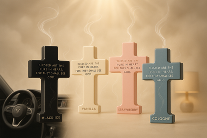The Cross of Strength Collection is a powerful blend of faith, style, and fragrance. Each hanger is crafted in a sleek cross shape and infused with long-lasting scents like Black Ice, Vanilla, Strawberry, and Cologne. More than just air fresheners, these hangers carry unique Bible verses to inspire strength, courage, and faith on every journey.

Perfect for daily commutes, road trips, or as a thoughtful gift, the Cross of Strength Collection keeps your space fresh while reminding you of the power within.