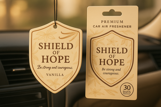 Transform your drive into a warm and comforting journey with the Shield of Hope Hanger – Vanilla. Its smooth, sweet aroma fills your space with calmness while the shield design inspires faith and positivity wherever you go.

Sweet and cozy Vanilla fragrance
Compact size: 100mm x 57mm – discreet yet effective
Lasts up to 30 days for continuous freshness
Uplifting shield shape with faith-inspired message
Ideal for cars, bedrooms, or thoughtful gifts